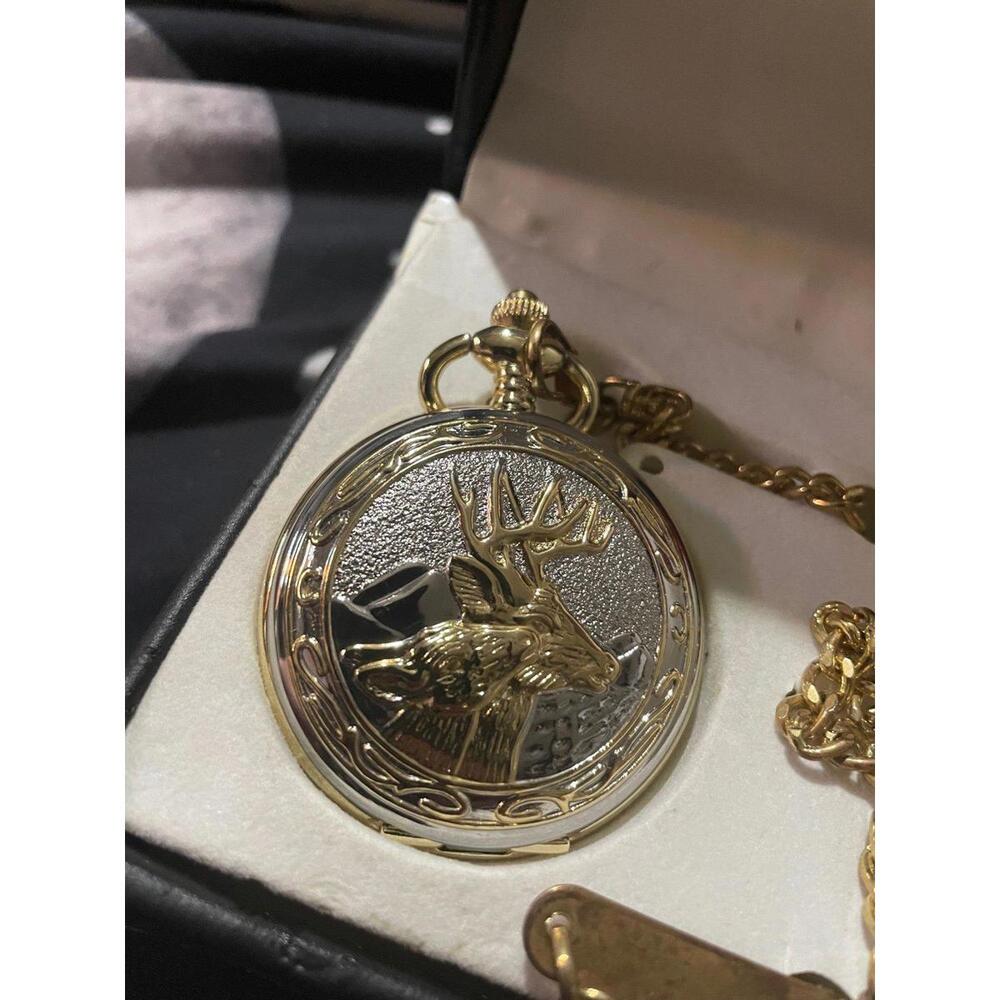 Pocket watch locket click deer hunter hunting farm life chain vintage old